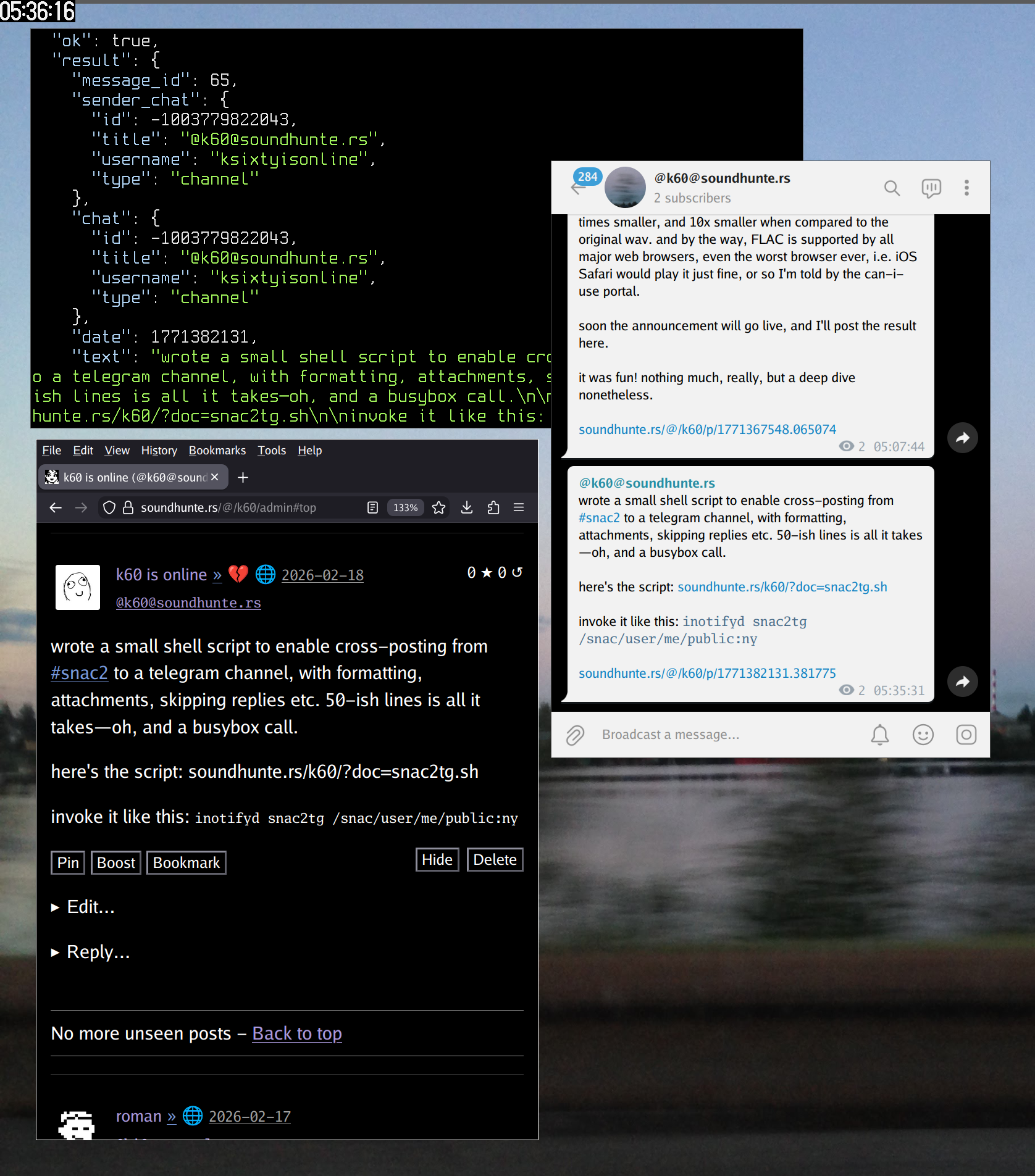 browser, telegram client and terminal showing the cross-posting functionality